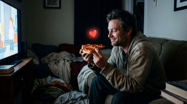 Man enjoying late-night pizza and cartoon on couch with cozy living room glow