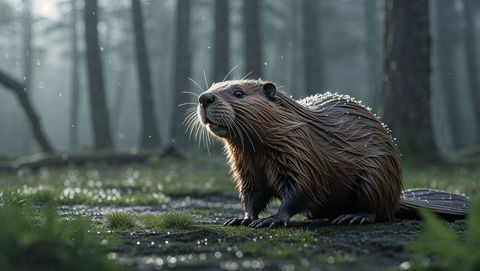Solitary beaver in misty woodland glade captured in morning dew