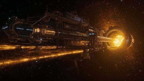 Futuristic starship with glowing reactor ring and plasma conduits in deep space