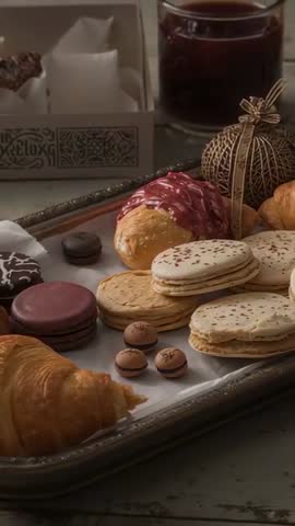 Vertical panning revealing artisan pastry tray with croissants, macarons, cookies and jam