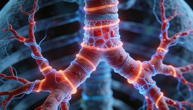 Neon glowing trachea and bronchi with vascular mesh, futuristic 3d medical illustration