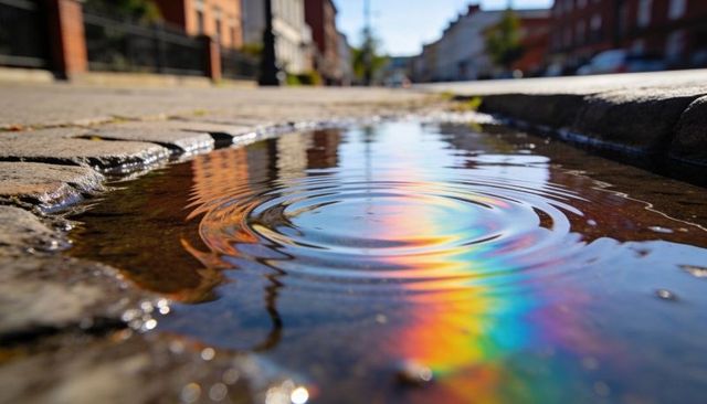 Rainbow reflection rippling on cobblestone puddle with urban curb and sunlit street