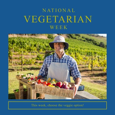 smiling farmer promotes national vegetarian week with fresh vegetables - Download Free Stock Templates Pikwizard.com