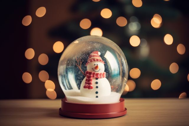 Perfect for Christmas and holiday-themed designs, this image features a charming snow globe with a smiling snowman wearing a red scarf and hat. The bokeh lights in the background add a festive and warm ambiance, ideal for greeting cards, advertisements, decorations, and seasonal promotions.