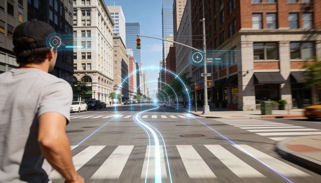 Urban augmented reality navigation guiding pedestrian across downtown crosswalk