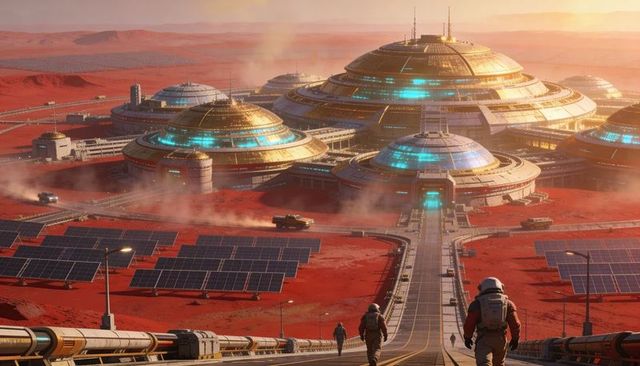 Futuristic mars colony at dawn featuring dome habitats, solar arrays, rovers and suited crew