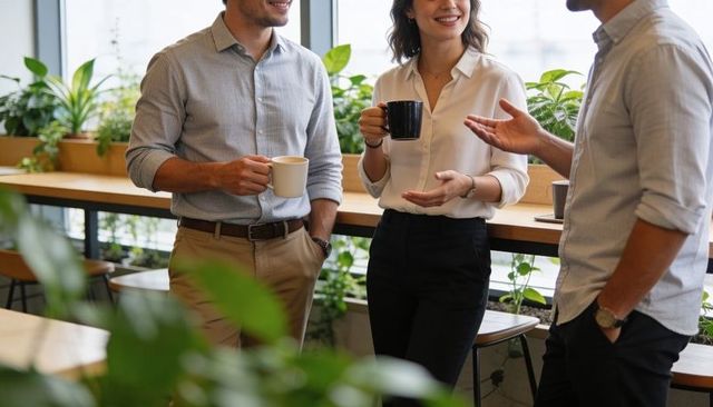 Coworkers enjoying coffee break in biophilic office with plants and natural light