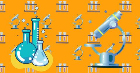 Cartoon Microscopes and Laboratory Equipment on Yellow Background