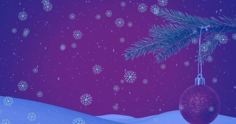 Christmas Bauble Hanging on Snow-Covered Tree Under Falling Snowflakes