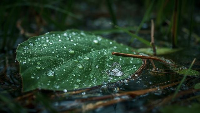 Dew-dotted lily pad cradling glassy droplet amid pine needle reflections