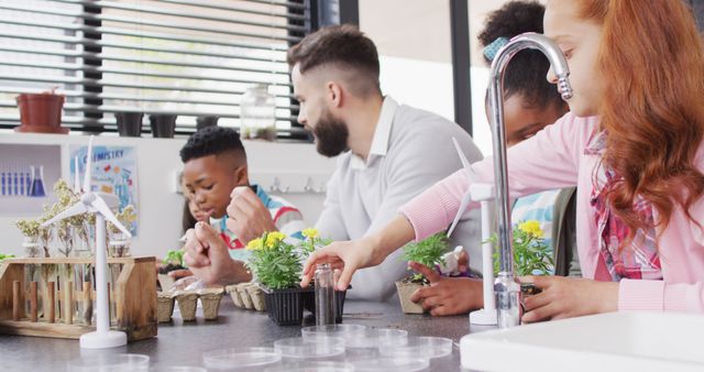 Family members engaged in planting seeds and caring for indoor plants in a contemporary kitchen. Perfect for illustrating home gardening activities, family bonding experiences, teamwork, and healthy living in modern homes.