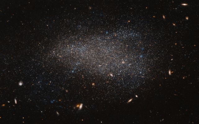 This Hubble image shows NGC 4789A, a dwarf irregular galaxy in the constellation of Coma Berenices. It certainly lives up to its name — the stars that call this galaxy home are smeared out across the sky in an apparently disorderly and irregular jumble, giving NGC 4789A a far more subtle and abstract appearance than its glitzy spiral and elliptical cousins.  These stars may look as if they have been randomly sprinkled on the sky, but they are all held together by gravity. The colors in this image have been deliberately exaggerated to emphasize the mix of blue and red stars. The blue stars are bright, hot and massive stars that have formed relatively recently, whereas the red stars are much older. The presence of both tells us that stars have been forming in this galaxy throughout its history.  At a distance of just over 14 million light-years away NGC 4789A is relatively close to us, allowing us to see many of the individual stars within its bounds. This image also reveals numerous other galaxies, far more distant, that appear as fuzzy shapes spread across the image.  Image Credit: ESA/Hubble &amp; NASA, Acknowledgements: Judy Schmidt (Geckzilla)  <b><a href="http://www.nasa.gov/audience/formedia/features/MP_Photo_Guidelines.html" rel="nofollow">NASA image use policy.</a></b>  <b><a href="http://www.nasa.gov/centers/goddard/home/index.html" rel="nofollow">NASA Goddard Space Flight Center</a></b> enables NASA’s mission through four scientific endeavors: Earth Science, Heliophysics, Solar System Exploration, and Astrophysics. Goddard plays a leading role in NASA’s accomplishments by contributing compelling scientific knowledge to advance the Agency’s mission.  <b>Follow us on <a href="http://twitter.com/NASAGoddardPix" rel="nofollow">Twitter</a></b>  <b>Like us on <a href="http://www.facebook.com/pages/Greenbelt-MD/NASA-Goddard/395013845897?ref=tsd" rel="nofollow">Facebook</a></b>  <b>Find us on <a href="http://instagrid.me/nasagoddard/?vm=grid" rel="nofollow">Instagram</a></b>