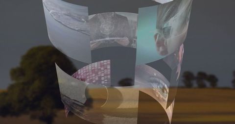 Futuristic curved holographic panels displaying virtual images