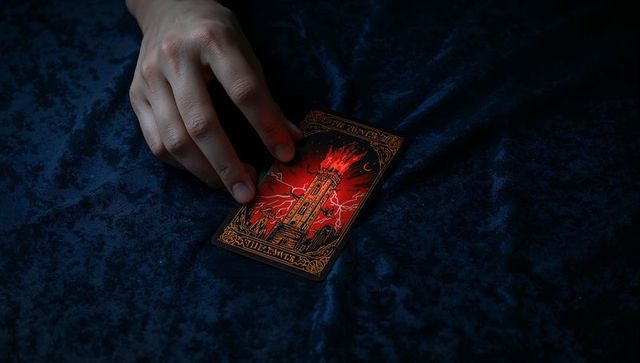 Hovering hand touching burning tower tarot card on dark velvet for moody occult reading