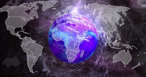 Rotating neon holographic globe centered on africa with cosmic map outlines and hexgrid