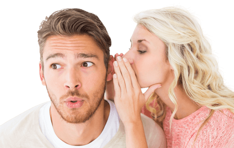 Woman whispering secret to surprised man transparent background