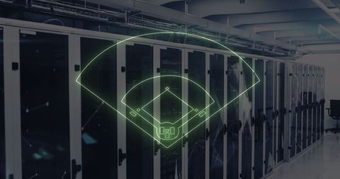 Neon Stadium Overlaying Server Room Representing Sports Technology - Download Free Stock Images Pikwizard.com