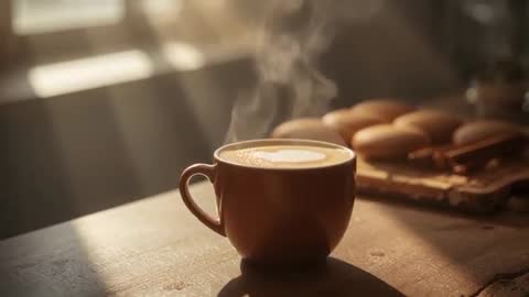 Steaming Latte in Ceramic Mug on Sunlit Wooden Table with Fresh Rolls and Morning Rays