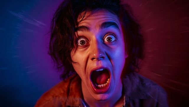Screaming young woman expressing shock and fear under neon duotone lighting