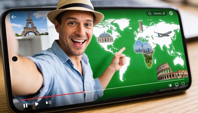 Travel vlogger pointing at interactive world map on smartphone screen showing landmarks