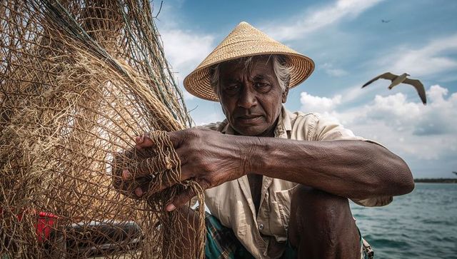 Senior indian fisherman mending net on small boat, conical hat, coastal seascape