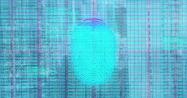 Illustration featuring a digital fingerprint overlaid on a data grid matrix. Originates concept of identity verification and biometric authentication in cybersecurity. Useful for content on technology, cyber security, digital identity solutions, and data protection.