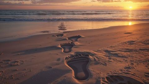 Giant footprints on sandy beach at sunset