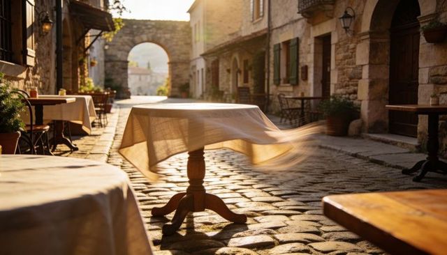 Sunlit bistro tablecloth lifting in breeze on cobblestone lane under stone archway