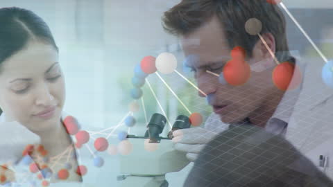 Scientists Analyzing Molecular Structure with Digital Interface Overlay