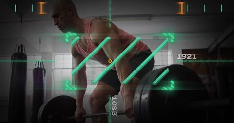 Deadlifting Male Athlete Gripping Heavy Barbell in Industrial Gym with Neon HUD