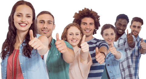 Diverse group of students giving thumbs up, transparent background
