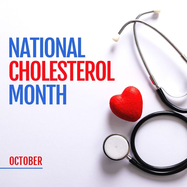 Square image of national cholesterol month text and heart with stethoscope. National cholesterol month campaign.