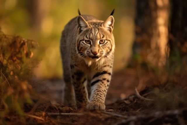 A beautiful bobcat walks confidently through a forest at sunset, showcasing its natural grace and alertness. Ideal for wildlife conservation campaigns, nature documentaries, educational materials, and environmental awareness projects.
