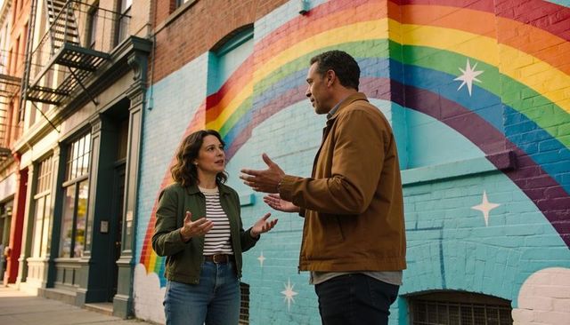 Two adults having animated conversation in front of rainbow mural on city street