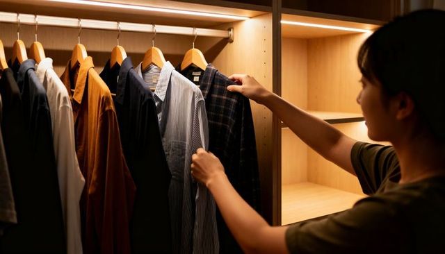 Woman choosing shirt in lit wooden closet organizing casual jackets and striped shirts for capsule w