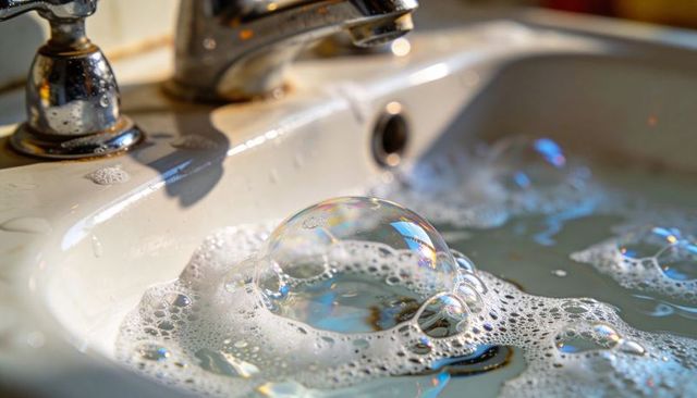 Iridescent soap bubble floating on foamy ceramic sink with chrome faucet close-up