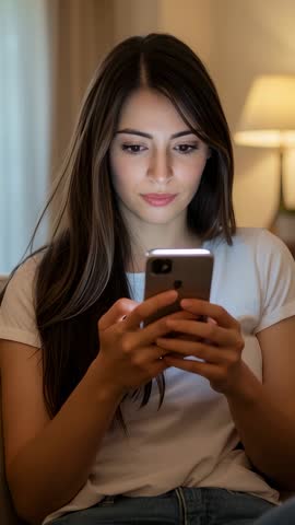 Young woman scrolling smartphone messages on sofa at night cozy home vertical video