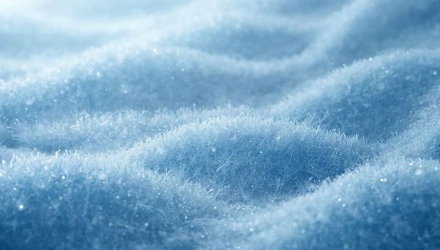 Macro needlelike frost crystals glinting on snowy mounds with sparkling ice droplets