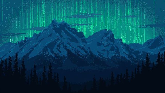 Glowing pixel aurora over snowy mountain ridge with pine silhouette in retro 8-bit style