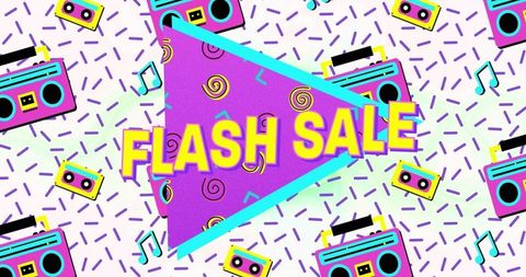 Colorful 80s flash sale announcement banner with retro elements