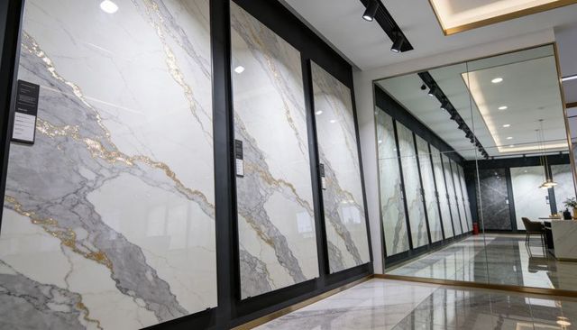 Showcasing oversized marble-effect porcelain slabs with gold veining in luxury showroom