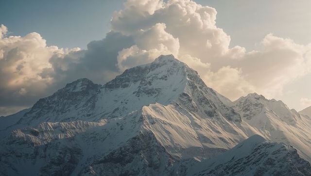 Sunlit snow-covered mountain peak in serene alpine landscape