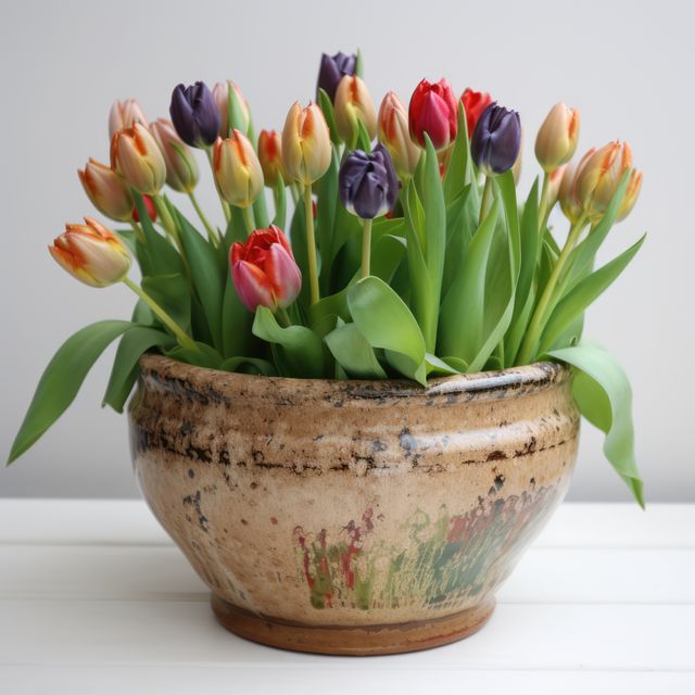 Bright multicolored tulips blooming in an earthy ceramic pot make a striking centerpiece for any room. Ideal for promoting floral arrangements, gardening supplies, or home décor products. Perfect for blog posts about springtime plants, nature, and indoor gardening.