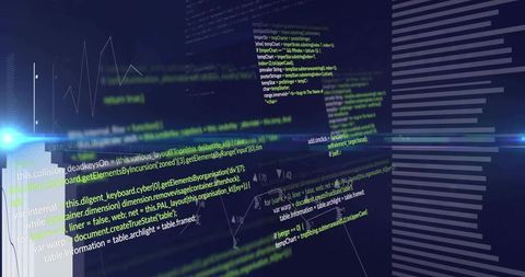Layered syntax-highlighted code planes floating over neon cyber UI with blurred data graphs