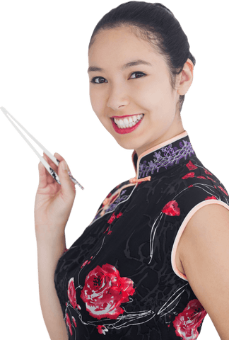 Cheerful woman wearing traditional kimono holding chopsticks transparent background