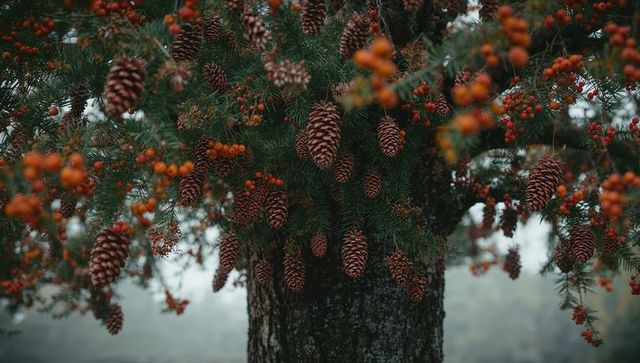 Elegant Berried Spruce with Pine Cones in Misty Woodland