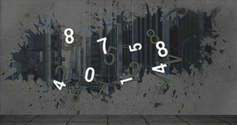 Floating Numbers on Grunge Wall Against Cityscape