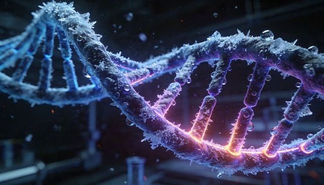 Frosted glowing dna double helix with water droplets and neon cryogenic light for science