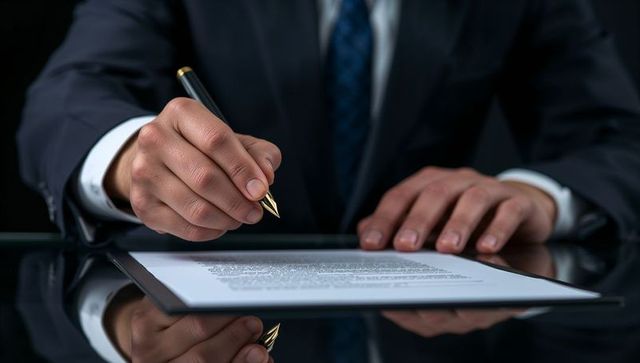 Corporate executive signing contract with gold pen on glossy desk for business agreement