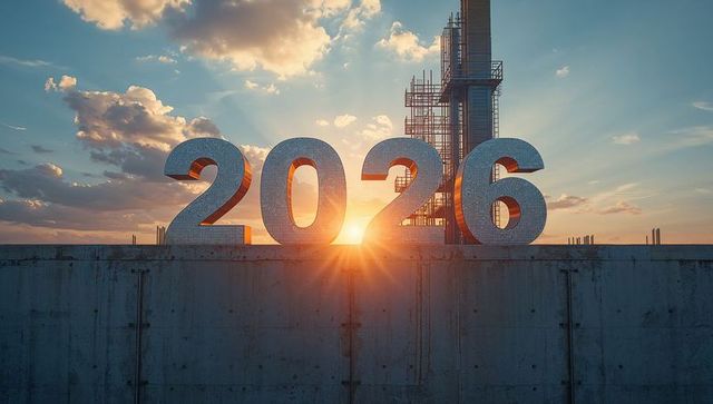 Giant Metallic 2026 Numerals on Rooftop with Sunburst and Construction Tower at Sunset